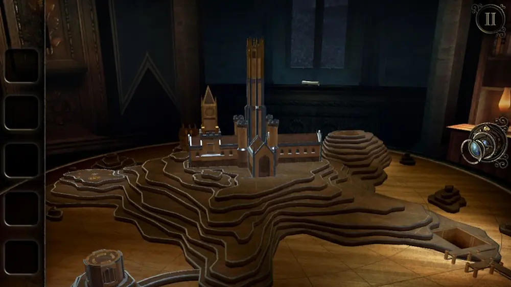 The Room Three — a dim study with an intricate mechanical device on the desk