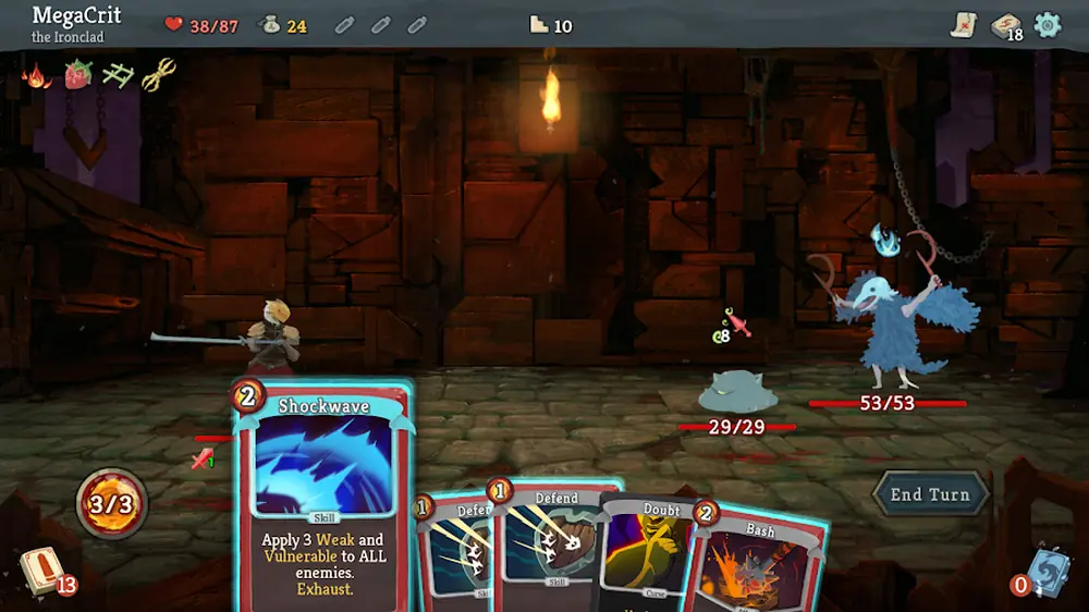 Slay the Spire — a card battle in progress with hand and enemy on screen